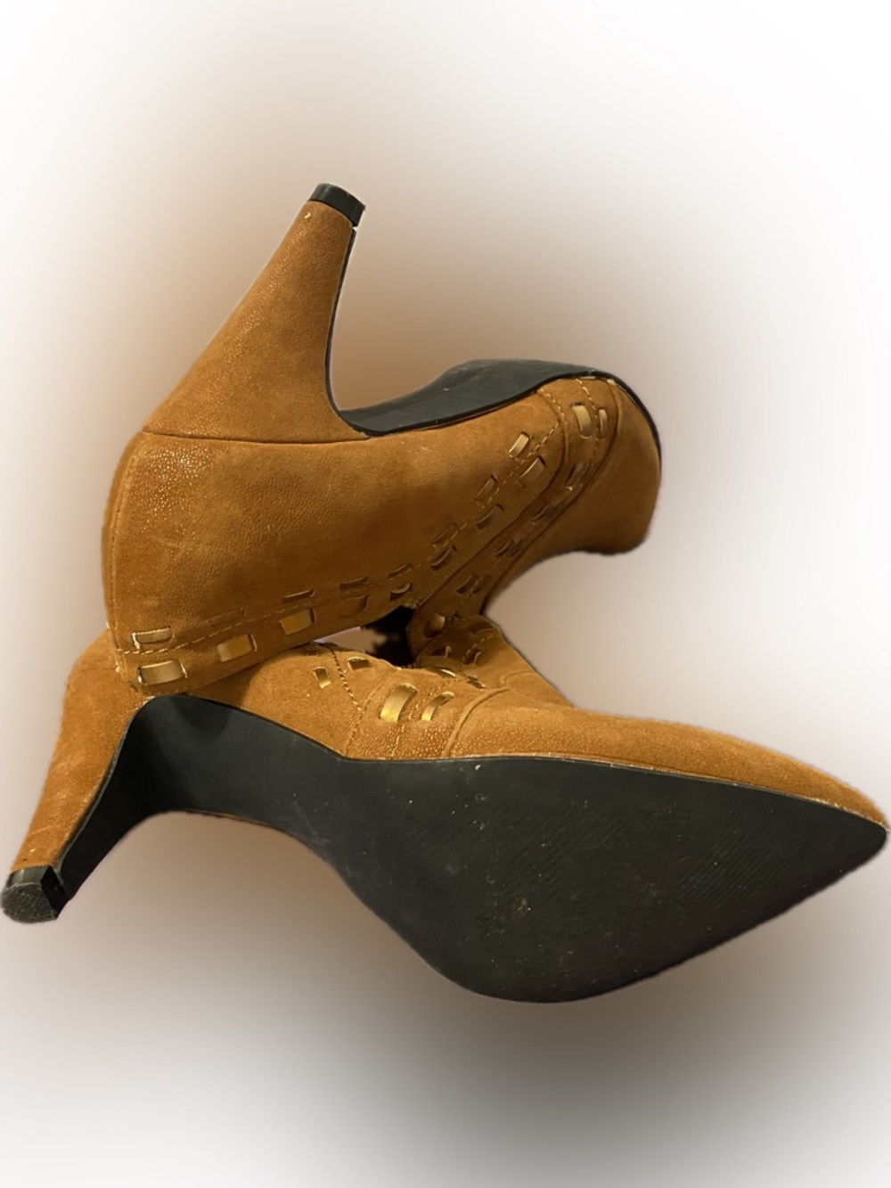 Pointed Suede Ankle Booties with Decorative Cutouts in Tan - Picture 12 of 16